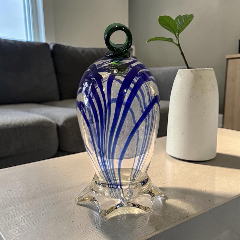 Vintage Murano Latticino Style Glass Egg Paperweight Blue Stripes Green Ring